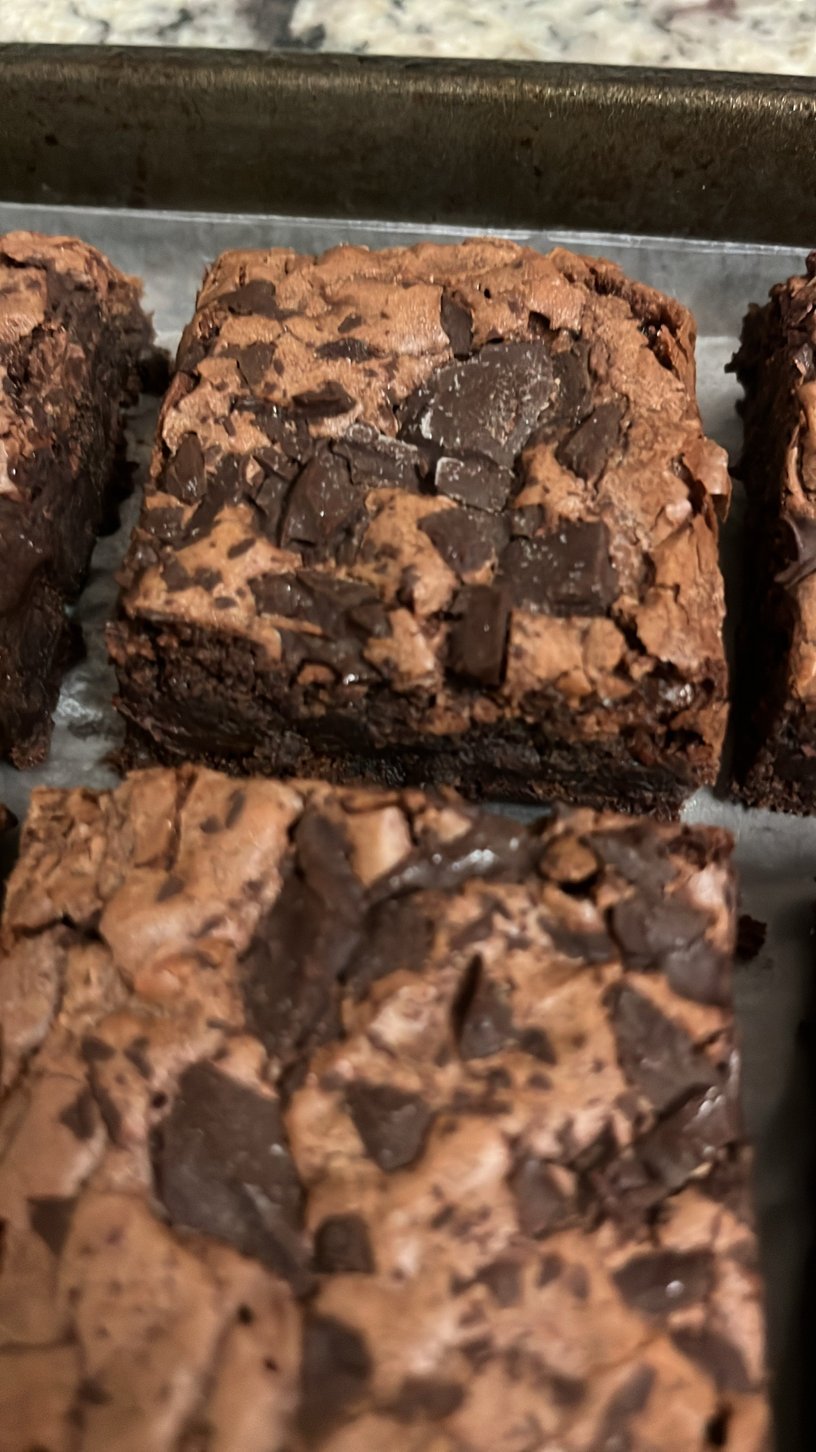 Fudgy brownies topped with chocolate chunks
